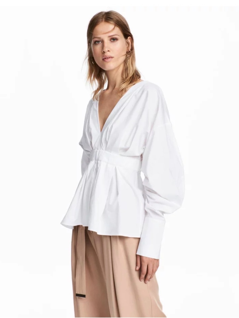 H&M Peplum Puff Sleeve Cinched Waist White V Neck Top Sz Lg Romantic Whimsical